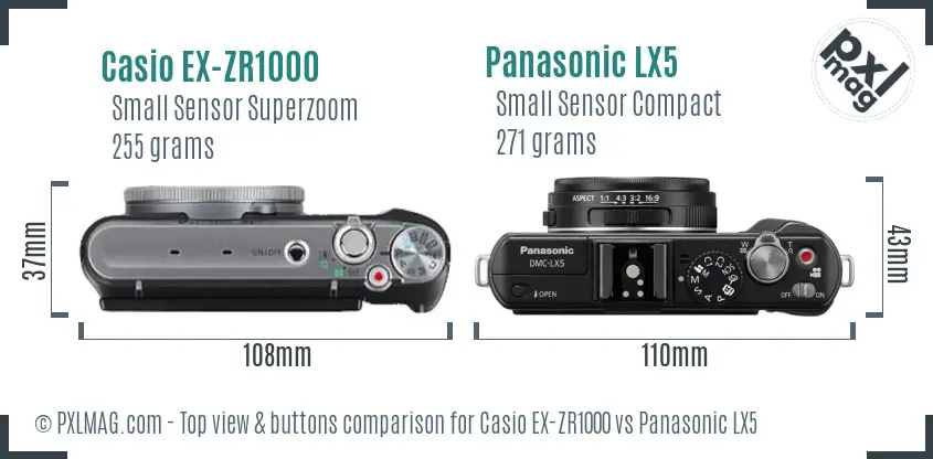 Casio EX-ZR1000 vs Panasonic LX5 top view buttons comparison