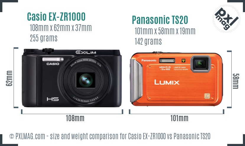 Casio EX-ZR1000 vs Panasonic TS20 size comparison