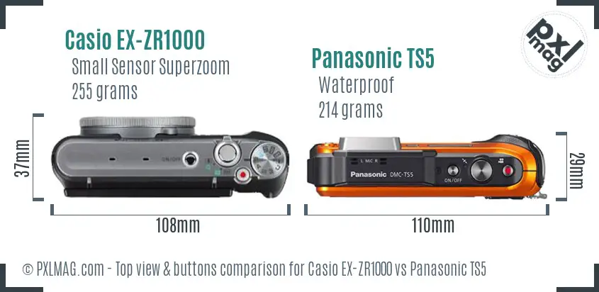 Casio EX-ZR1000 vs Panasonic TS5 top view buttons comparison Casio EX-ZR1000 vs Panasonic TS5 top view buttons comparison