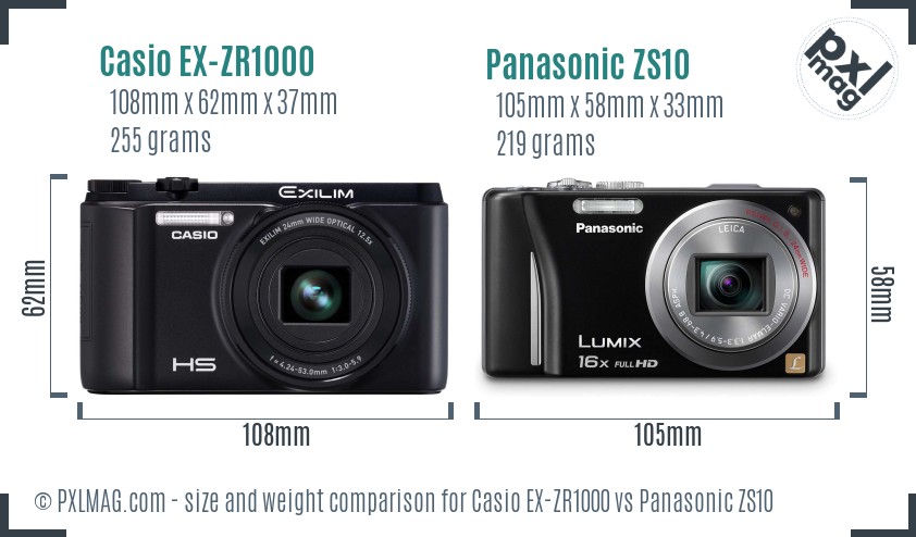 Casio EX-ZR1000 vs Panasonic ZS10 size comparison