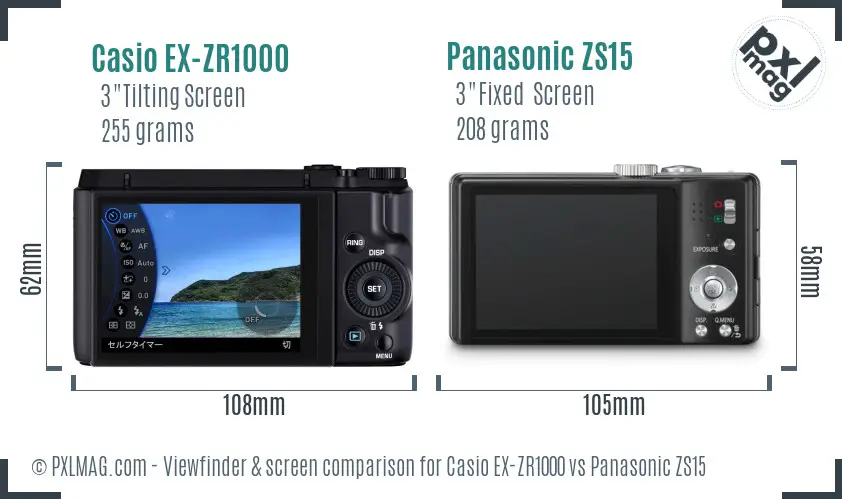 Casio EX-ZR1000 vs Panasonic ZS15 Screen and Viewfinder comparison