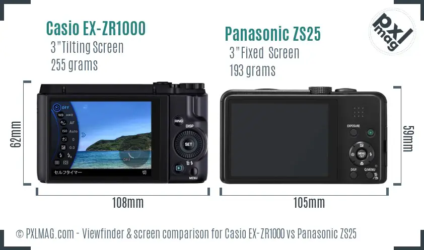 Casio EX-ZR1000 vs Panasonic ZS25 Screen and Viewfinder comparison