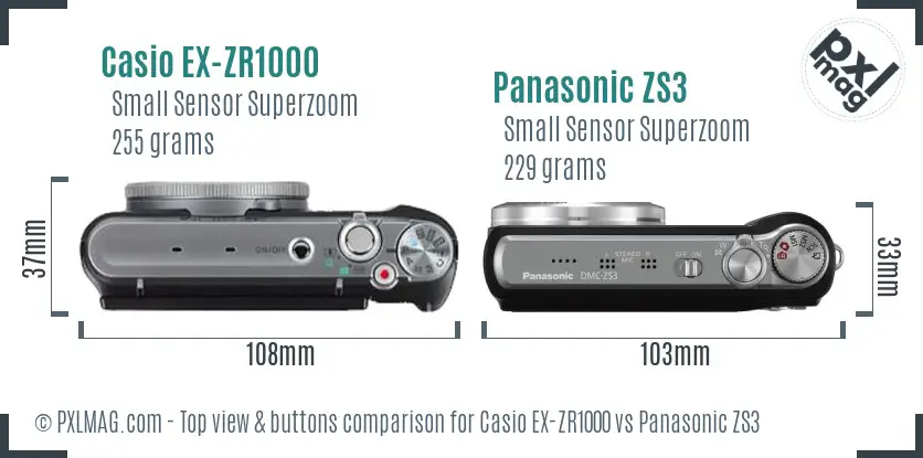 Casio EX-ZR1000 vs Panasonic ZS3 top view buttons comparison Casio EX-ZR1000 vs Panasonic ZS3 top view buttons comparison