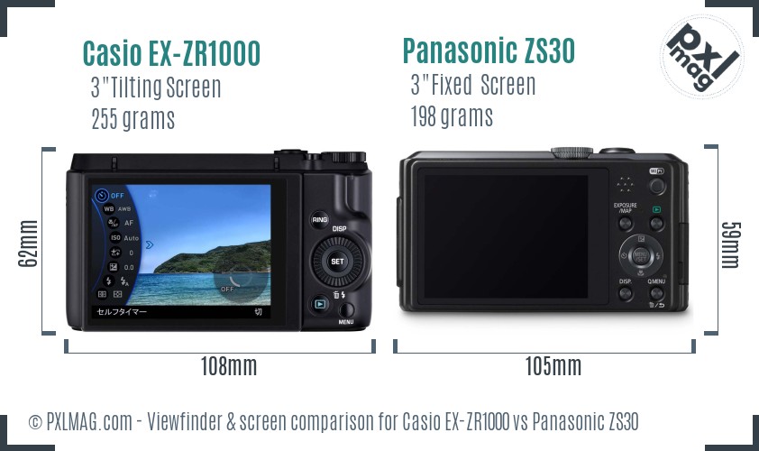 Casio EX-ZR1000 vs Panasonic ZS30 Screen and Viewfinder comparison