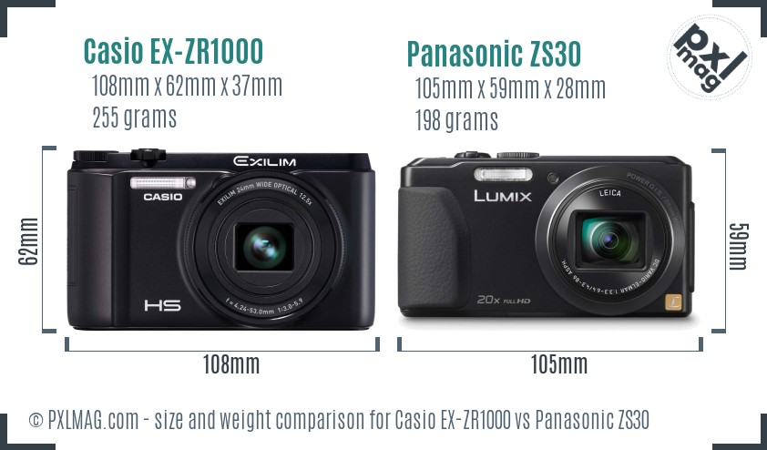 Casio EX-ZR1000 vs Panasonic ZS30 size comparison