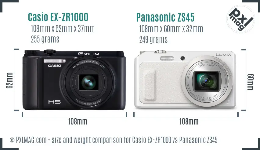 Casio EX-ZR1000 vs Panasonic ZS45 size comparison