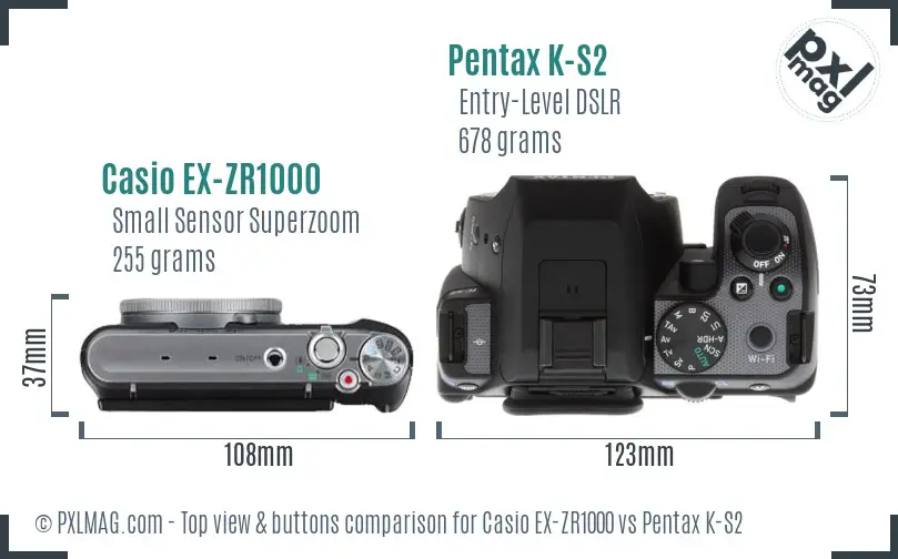 Casio EX-ZR1000 vs Pentax K-S2 top view buttons comparison