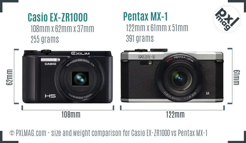 Casio EX-ZR1000 vs Pentax MX-1 size comparison