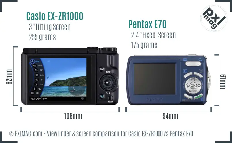 Casio EX-ZR1000 vs Pentax E70 Screen and Viewfinder comparison