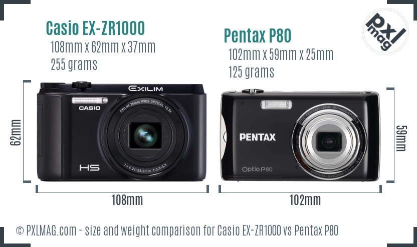 Casio EX-ZR1000 vs Pentax P80 size comparison
