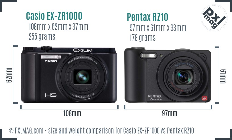 Casio EX-ZR1000 vs Pentax RZ10 size comparison