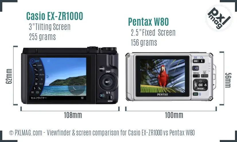 Casio EX-ZR1000 vs Pentax W80 Screen and Viewfinder comparison