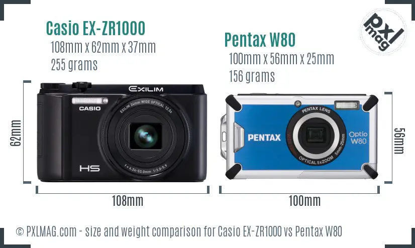 Casio EX-ZR1000 vs Pentax W80 size comparison