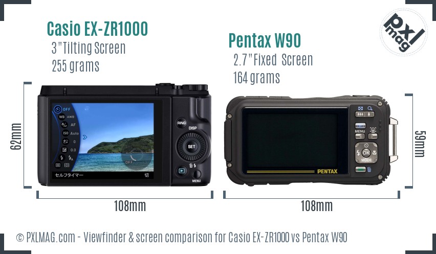 Casio EX-ZR1000 vs Pentax W90 Screen and Viewfinder comparison