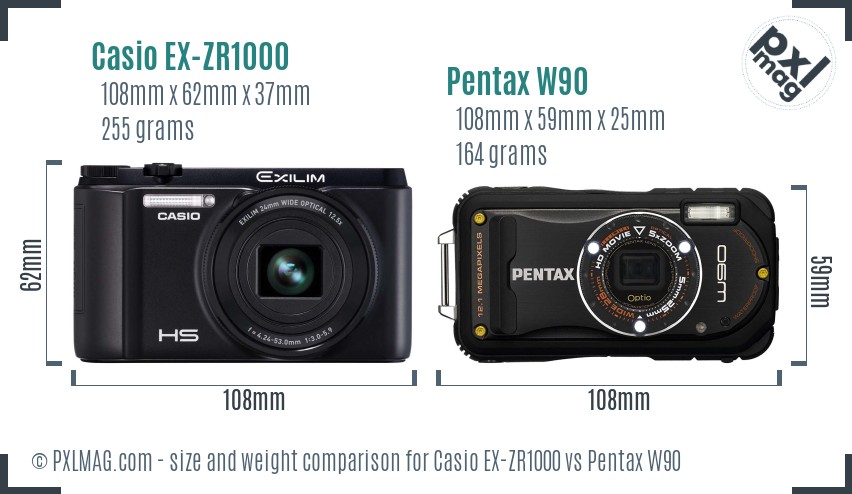 Casio EX-ZR1000 vs Pentax W90 size comparison