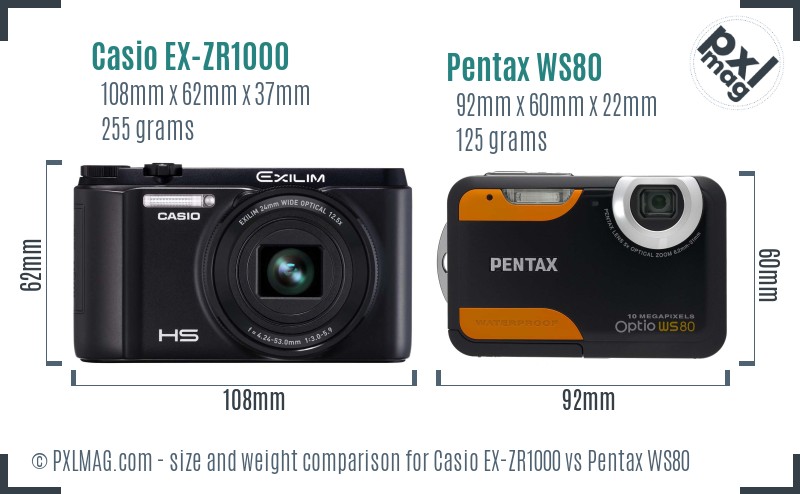 Casio EX-ZR1000 vs Pentax WS80 size comparison Casio EX-ZR1000 vs Pentax WS80 size comparison