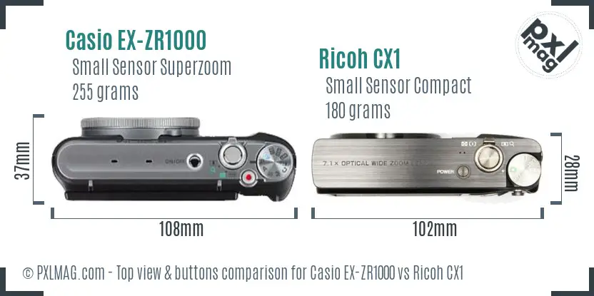 Casio EX-ZR1000 vs Ricoh CX1 top view buttons comparison Casio EX-ZR1000 vs Ricoh CX1 top view buttons comparison