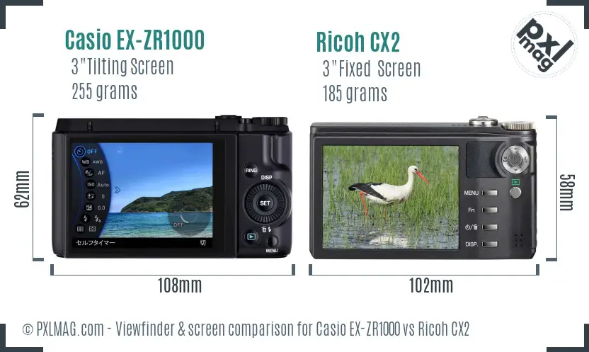 Casio EX-ZR1000 vs Ricoh CX2 Screen and Viewfinder comparison