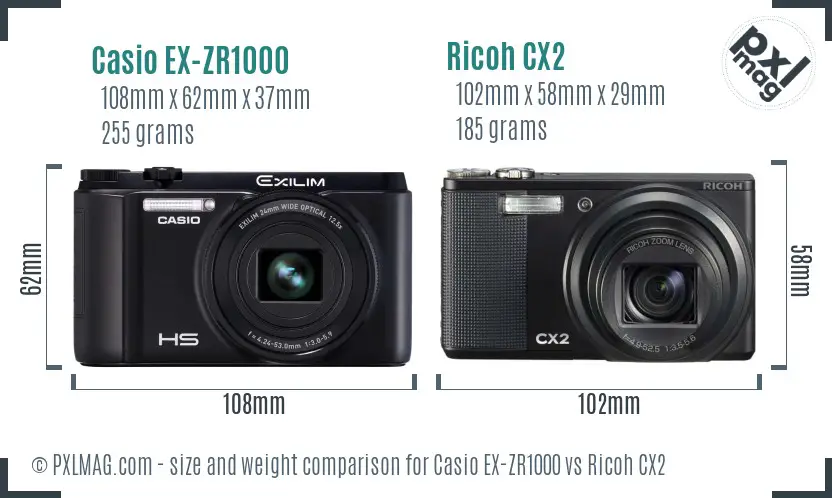 Casio EX-ZR1000 vs Ricoh CX2 size comparison