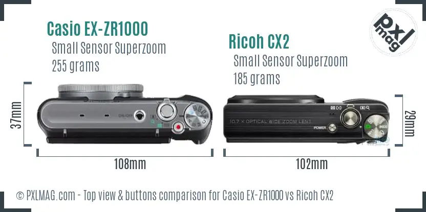 Casio EX-ZR1000 vs Ricoh CX2 top view buttons comparison