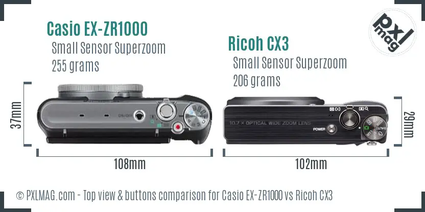 Casio EX-ZR1000 vs Ricoh CX3 top view buttons comparison Casio EX-ZR1000 vs Ricoh CX3 top view buttons comparison