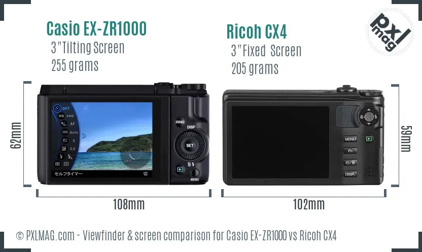 Casio EX-ZR1000 vs Ricoh CX4 Screen and Viewfinder comparison