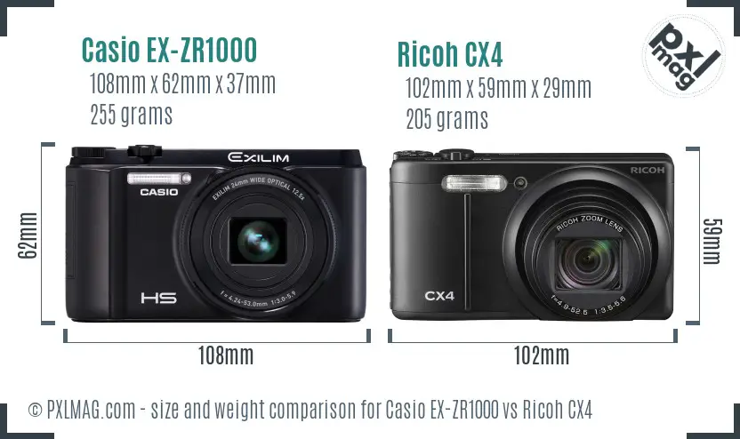 Casio EX-ZR1000 vs Ricoh CX4 size comparison