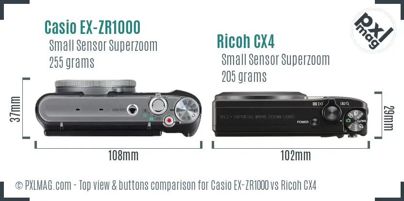 Casio EX-ZR1000 vs Ricoh CX4 top view buttons comparison