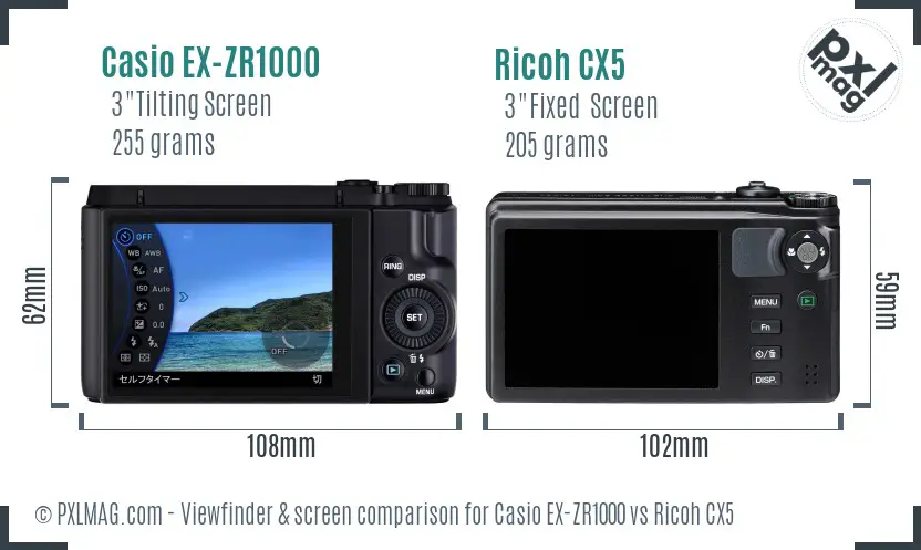 Casio EX-ZR1000 vs Ricoh CX5 Screen and Viewfinder comparison
