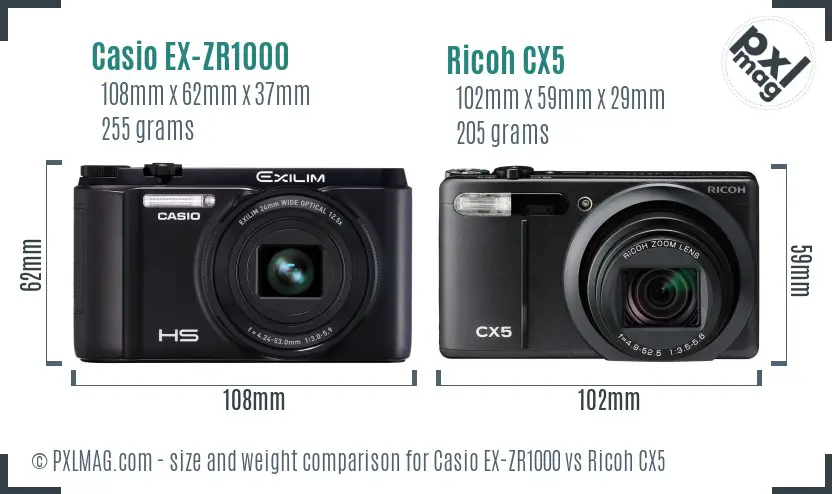 Casio EX-ZR1000 vs Ricoh CX5 size comparison