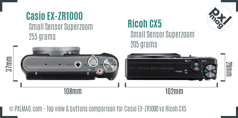 Casio EX-ZR1000 vs Ricoh CX5 top view buttons comparison