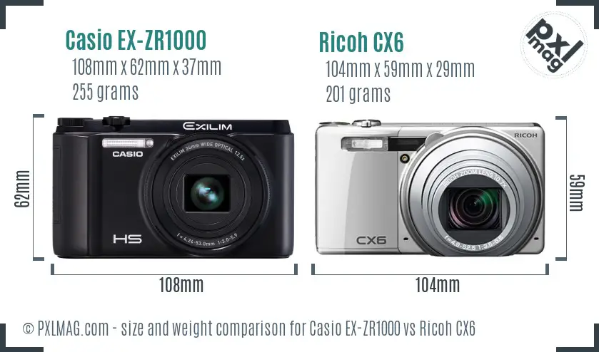 Casio EX-ZR1000 vs Ricoh CX6 size comparison