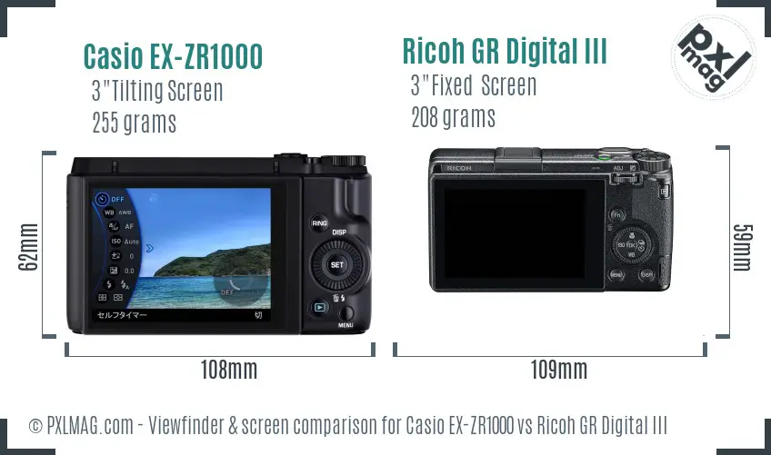 Casio EX-ZR1000 vs Ricoh GR Digital III Screen and Viewfinder comparison