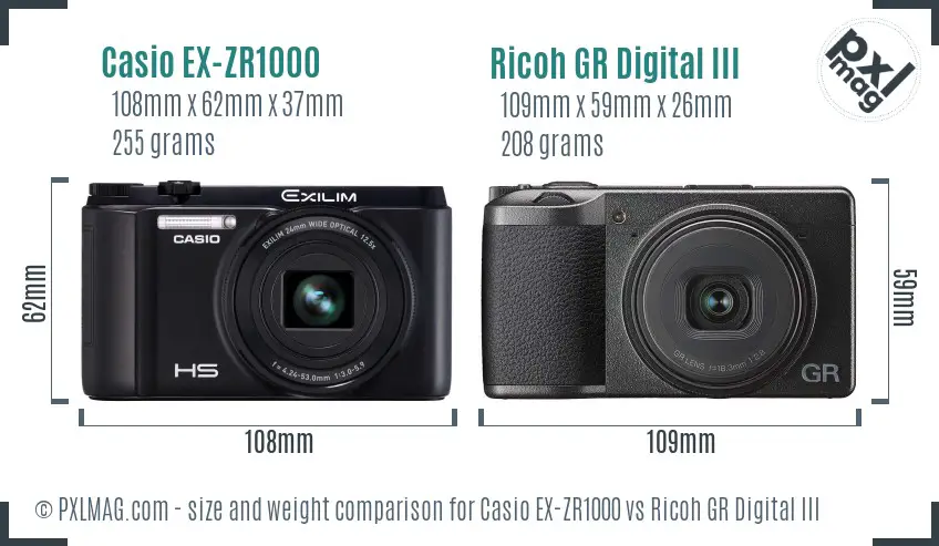 Casio EX-ZR1000 vs Ricoh GR Digital III size comparison