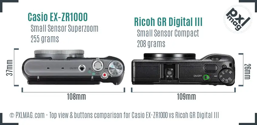 Casio EX-ZR1000 vs Ricoh GR Digital III top view buttons comparison