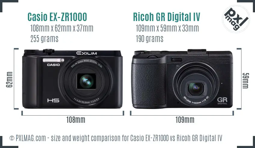 Casio EX-ZR1000 vs Ricoh GR Digital IV size comparison Casio EX-ZR1000 vs Ricoh GR Digital IV size comparison