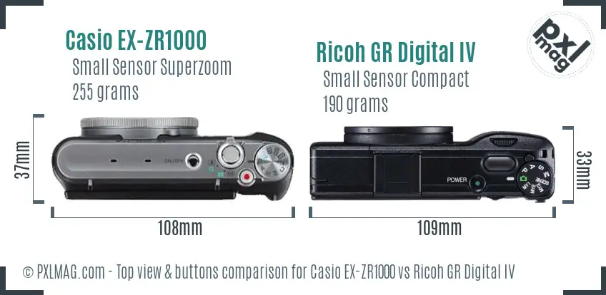 Casio EX-ZR1000 vs Ricoh GR Digital IV top view buttons comparison Casio EX-ZR1000 vs Ricoh GR Digital IV top view buttons comparison