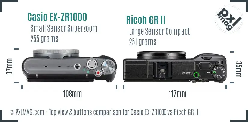 Casio EX-ZR1000 vs Ricoh GR II top view buttons comparison Casio EX-ZR1000 vs Ricoh GR II top view buttons comparison