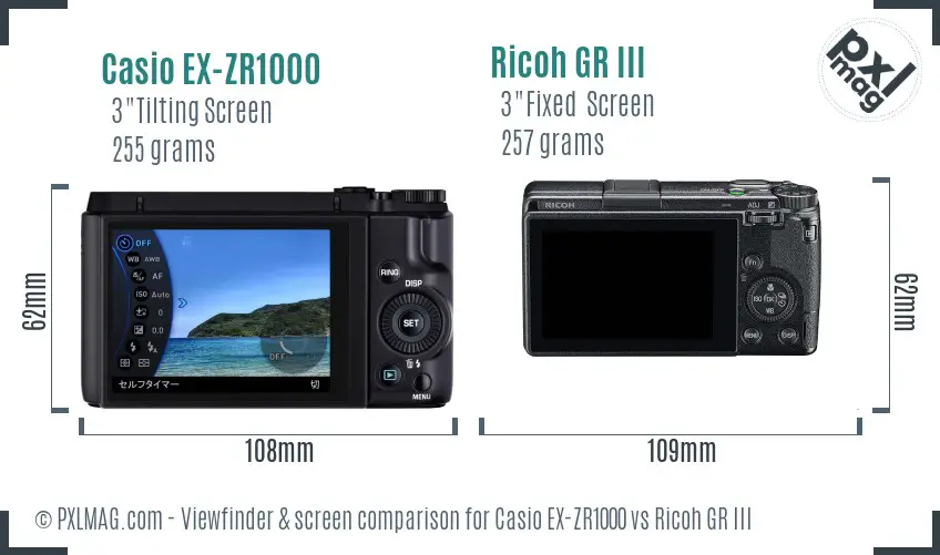 Casio EX-ZR1000 vs Ricoh GR III Screen and Viewfinder comparison