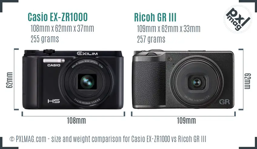 Casio EX-ZR1000 vs Ricoh GR III size comparison