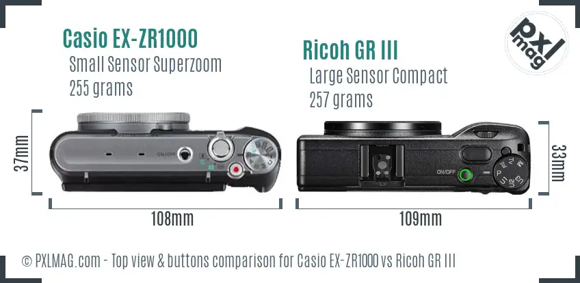 Casio EX-ZR1000 vs Ricoh GR III top view buttons comparison