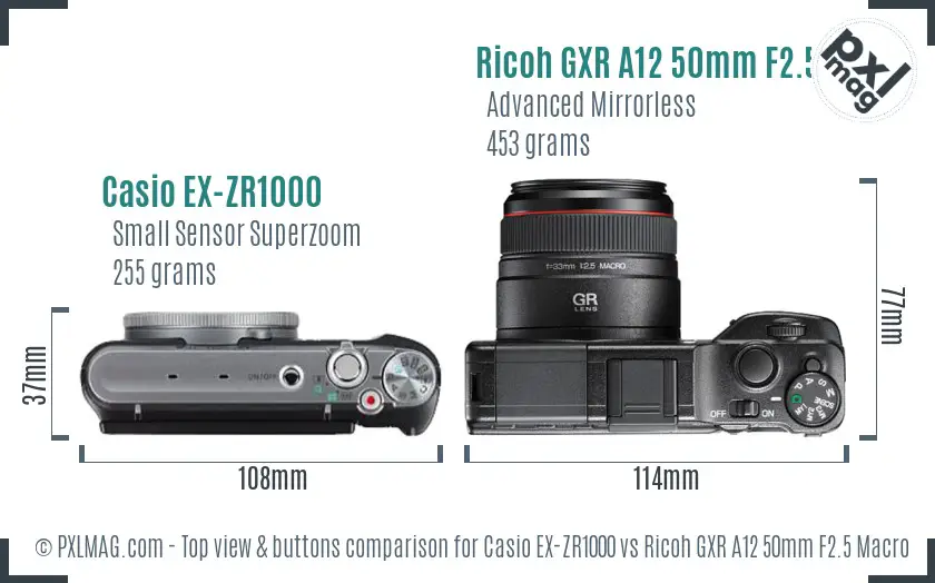 Casio EX-ZR1000 vs Ricoh GXR A12 50mm F2.5 Macro top view buttons comparison