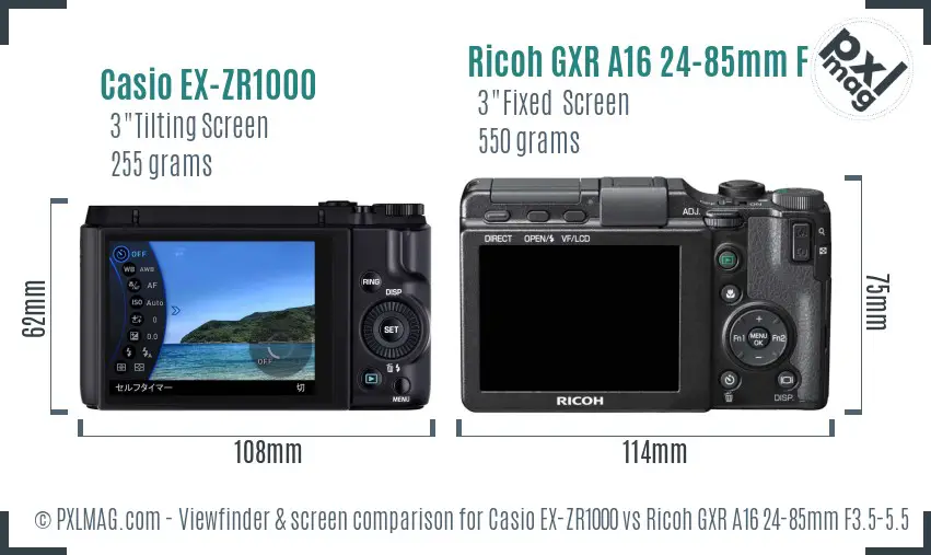 Casio EX-ZR1000 vs Ricoh GXR A16 24-85mm F3.5-5.5 Screen and Viewfinder comparison