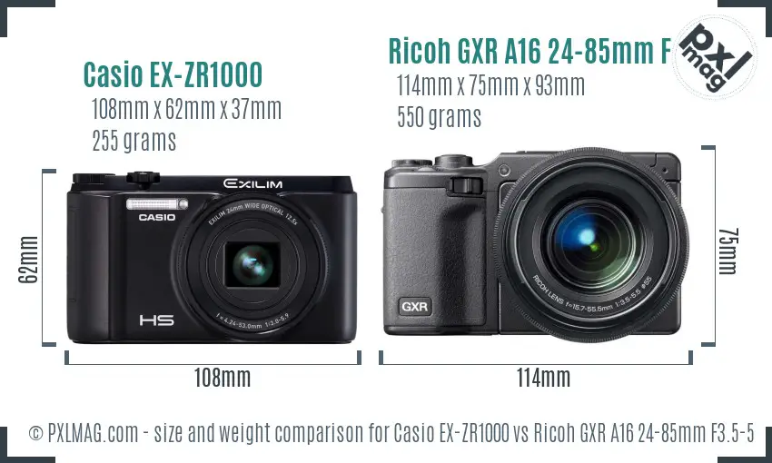 Casio EX-ZR1000 vs Ricoh GXR A16 24-85mm F3.5-5.5 size comparison