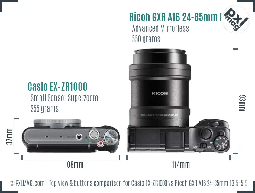 Casio EX-ZR1000 vs Ricoh GXR A16 24-85mm F3.5-5.5 top view buttons comparison