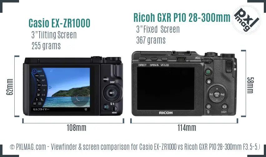 Casio EX-ZR1000 vs Ricoh GXR P10 28-300mm F3.5-5.6 VC Screen and Viewfinder comparison