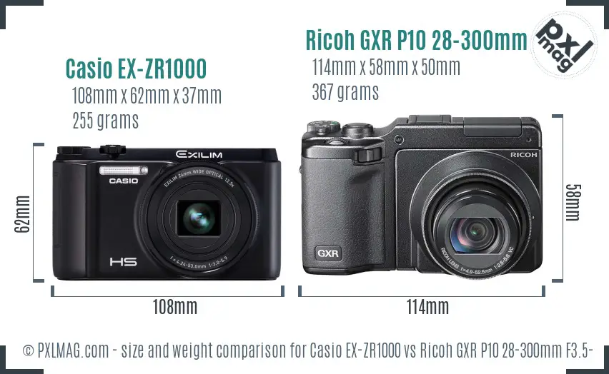 Casio EX-ZR1000 vs Ricoh GXR P10 28-300mm F3.5-5.6 VC size comparison