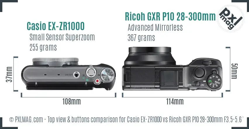 Casio EX-ZR1000 vs Ricoh GXR P10 28-300mm F3.5-5.6 VC top view buttons comparison