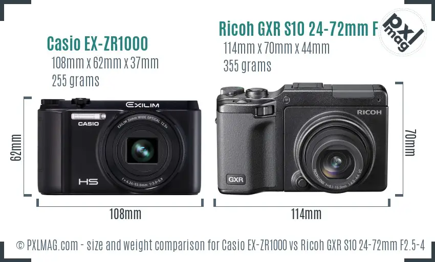 Casio EX-ZR1000 vs Ricoh GXR S10 24-72mm F2.5-4.4 VC size comparison