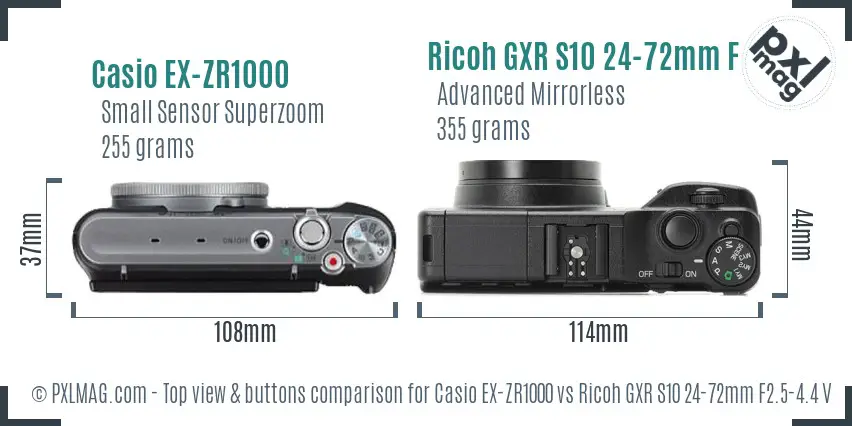 Casio EX-ZR1000 vs Ricoh GXR S10 24-72mm F2.5-4.4 VC top view buttons comparison